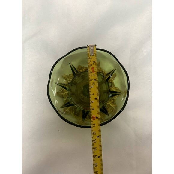 Vintage Green Pressed Scalloped Edge Glass Pedestal Bowl with Bronze base - Picture 6 of 7